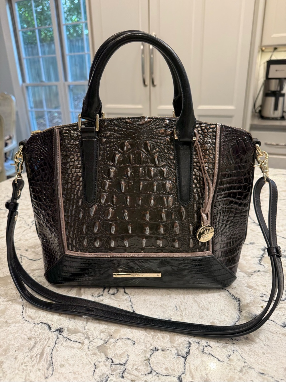 Brahmin Large Duxbury Satchel Crossbody Black Onyx Croc Embossed Leather